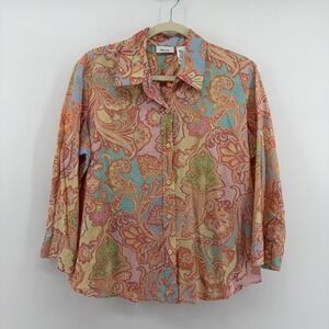 Liz & Co Womens Multicolor Paisley Print Button Down Shirt Long Sleeve Size L
